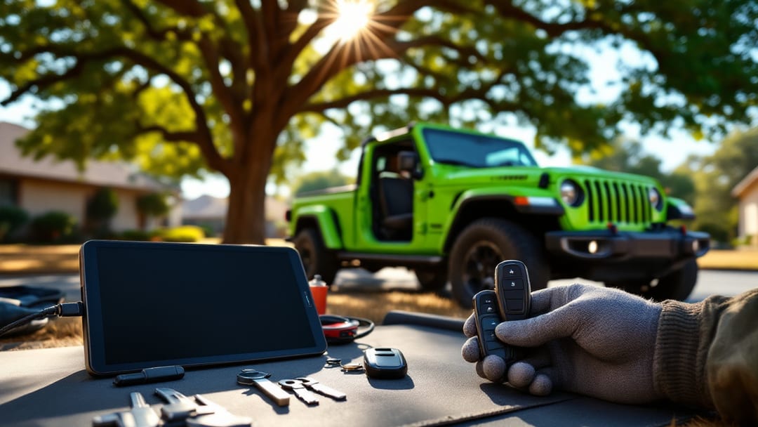 Duplicado de llave de Jeep Gladiator siendo programado en una tarde soleada en una entrada residencial de Haltom City, Texas