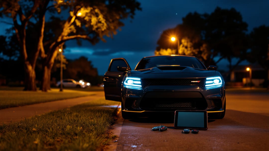 Programación nocturna de un key fob para un Dodge Charger estacionado bajo faroles en una calle de Haltom City