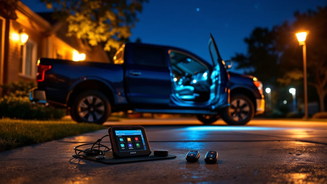 Técnico programando el Intelligent Key de una troca Nissan Titan de noche bajo la luz de un poste en Haltom City