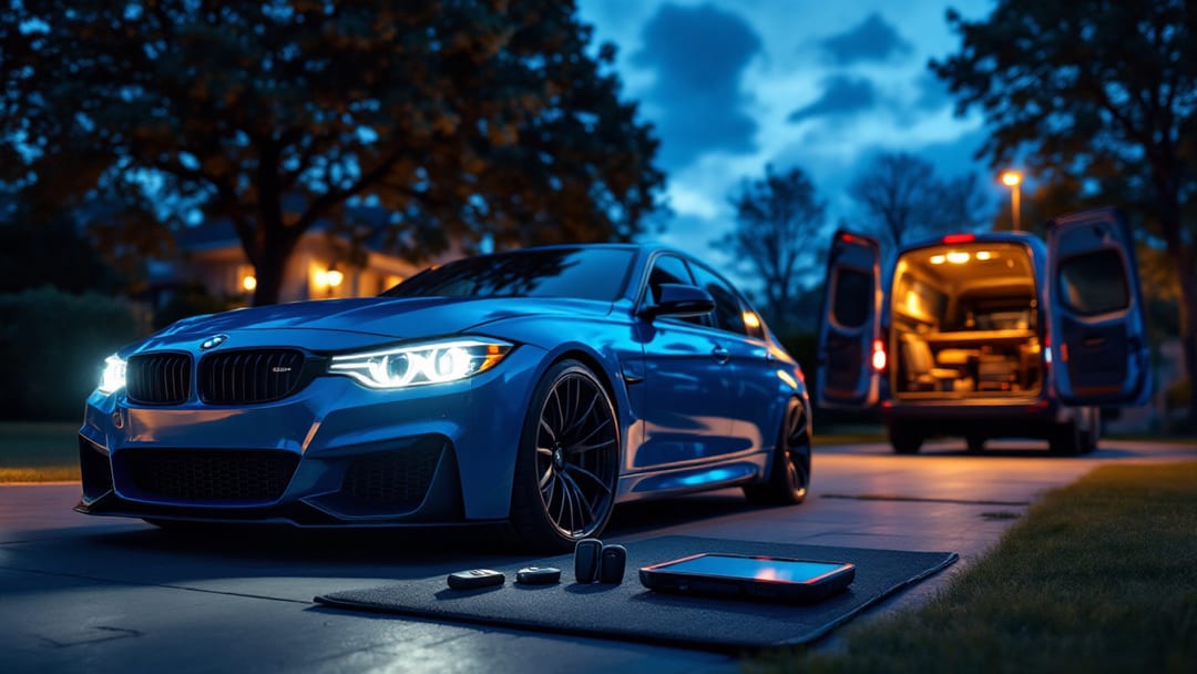 Programación de llave BMW al anochecer frente a una casa de Haltom City, Texas, con equipo de cerrajero automotriz