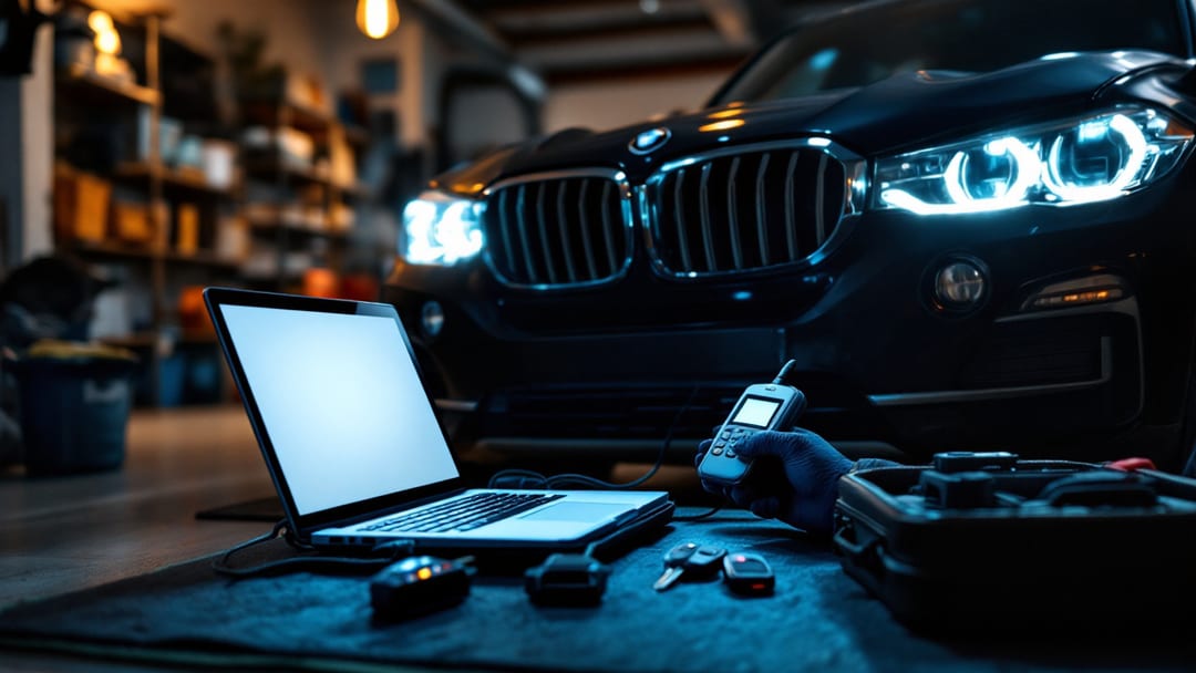 Cerrajero trabajando con equipo de diagnóstico en un BMW X5 dentro de una cochera iluminada en Haltom City, Texas