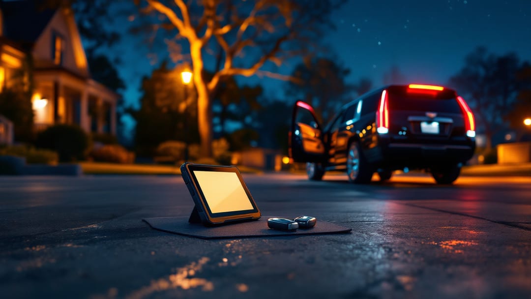 Programación nocturna de la smart key de un Cadillac Escalade bajo faroles de calle en Haltom City
