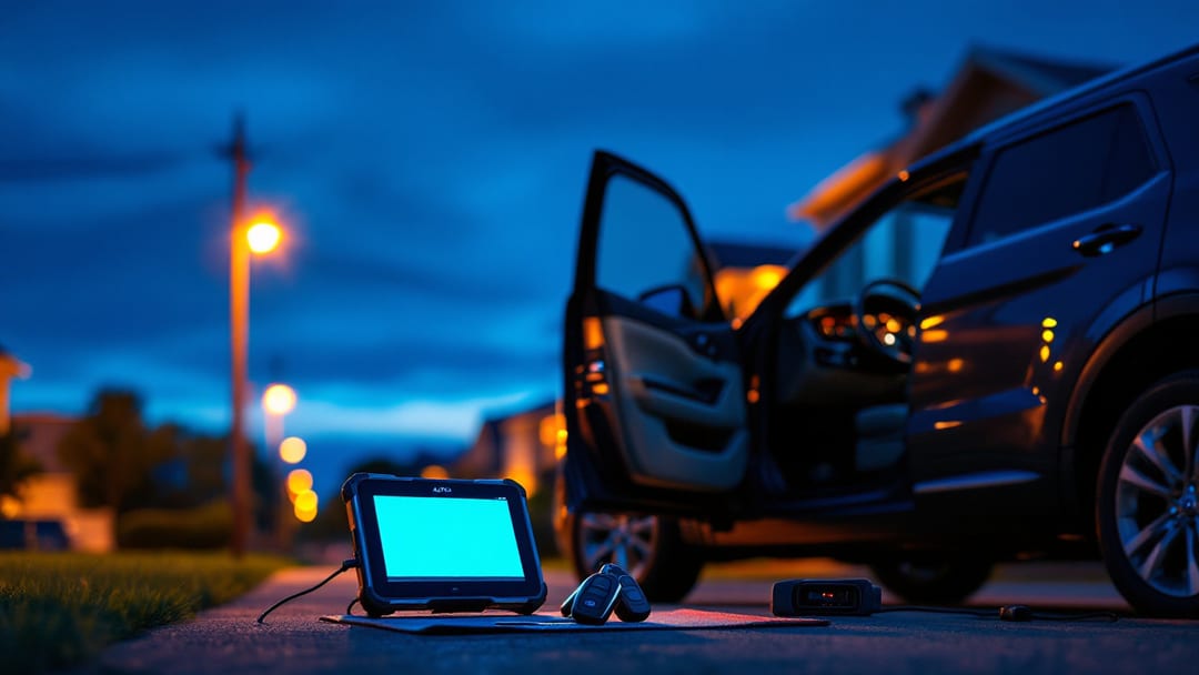 Programación de una smart key de Ford Explorer en una entrada residencial de Haltom City al anochecer con luces de la calle encendidas