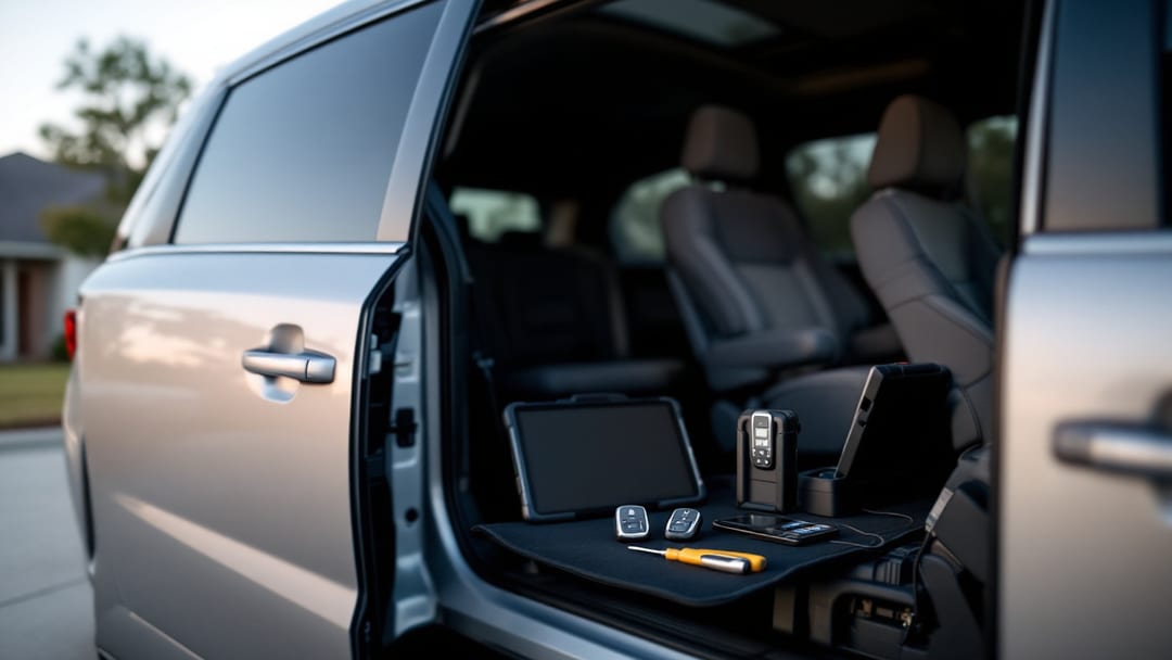 Cerrajero programando una smart key de Honda Odyssey en una tarde nublada frente a una casa en Haltom City, Texas