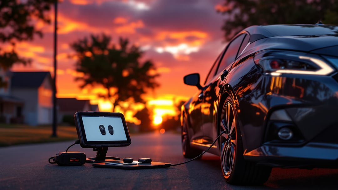 Programación de una llave inteligente Nissan Intelligent Key junto a un Altima al atardecer en Haltom City, Texas