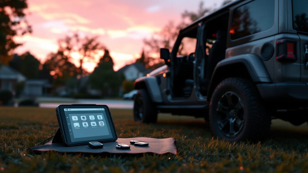 Programación de smart key de Jeep Wrangler al amanecer en una entrada residencial de Haltom City, Texas