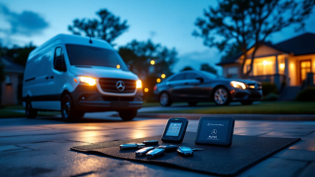 Llave inteligente de Mercedes-Benz y equipo de programación junto a una van Sprinter en Haltom City al anochecer