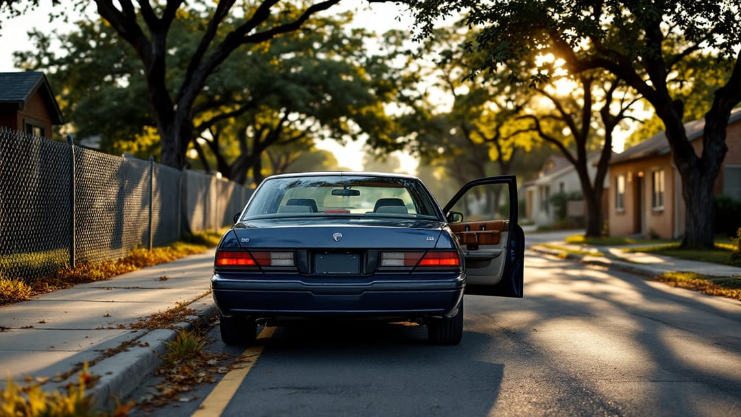 Sedán grande americano de los años dos mil estacionado en una calle residencial de Haltom City, Texas, con la puerta del conductor abierta durante un servicio de llaves