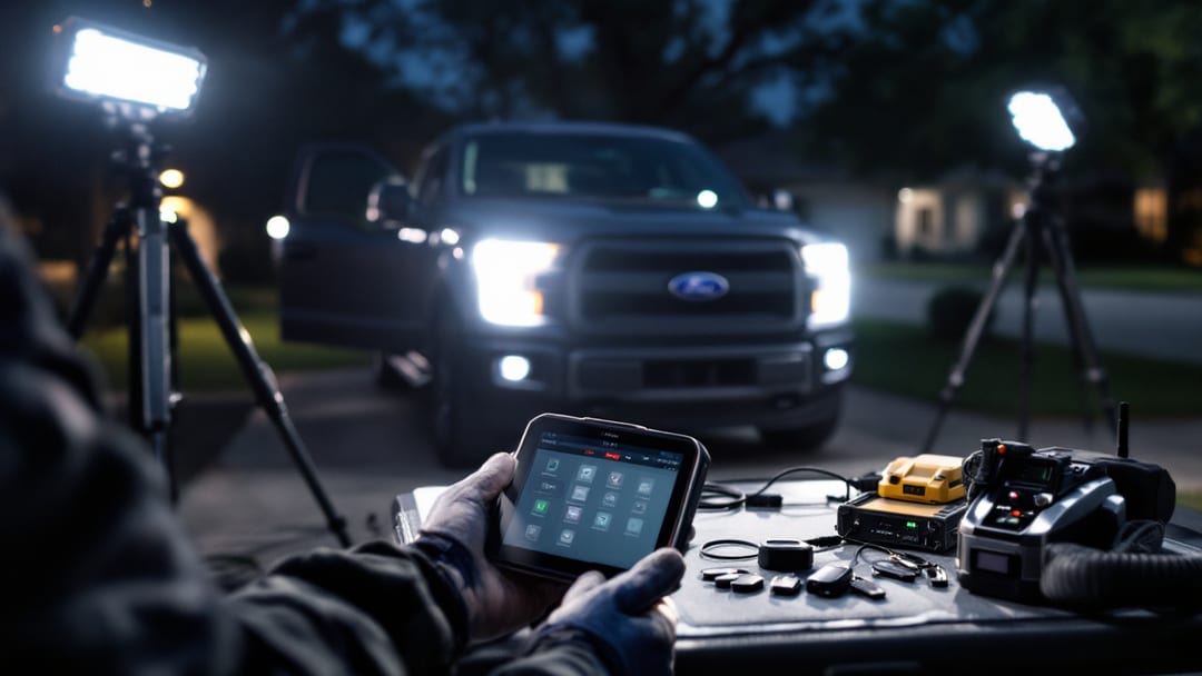 Cerrajero programando una llave nueva para una Ford F-150 de noche en Haltom City, con lámparas LED de trabajo iluminando la escena