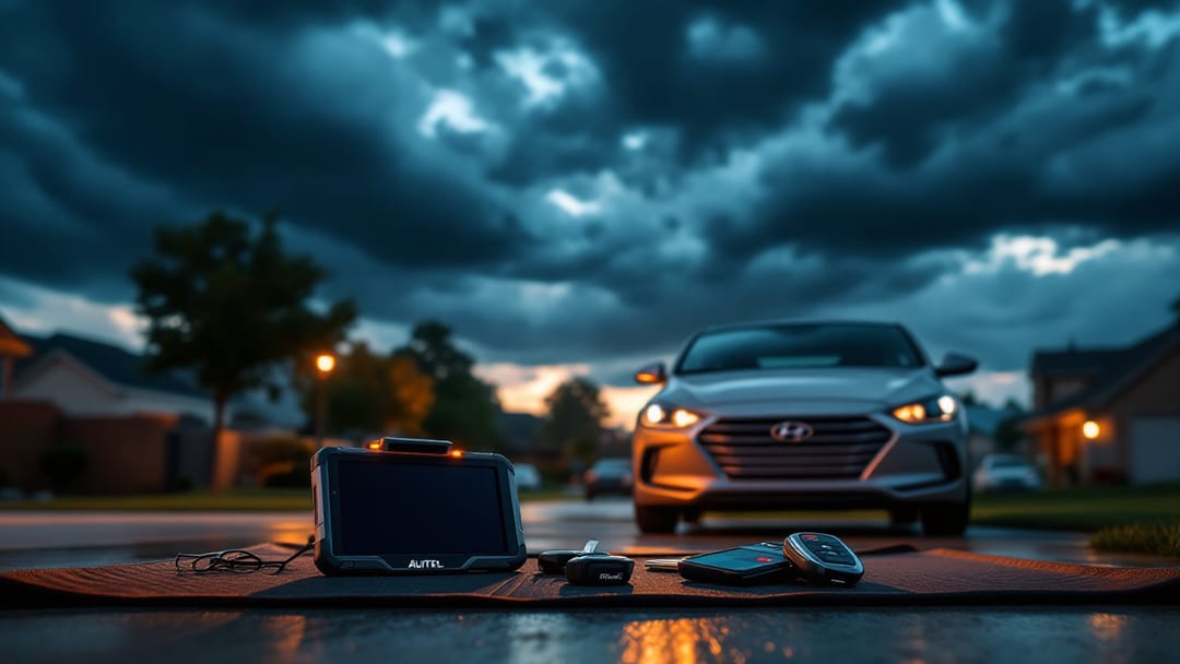 Cerrajero programando una llave con chip para un Hyundai Elantra en Haltom City bajo un cielo de tormenta