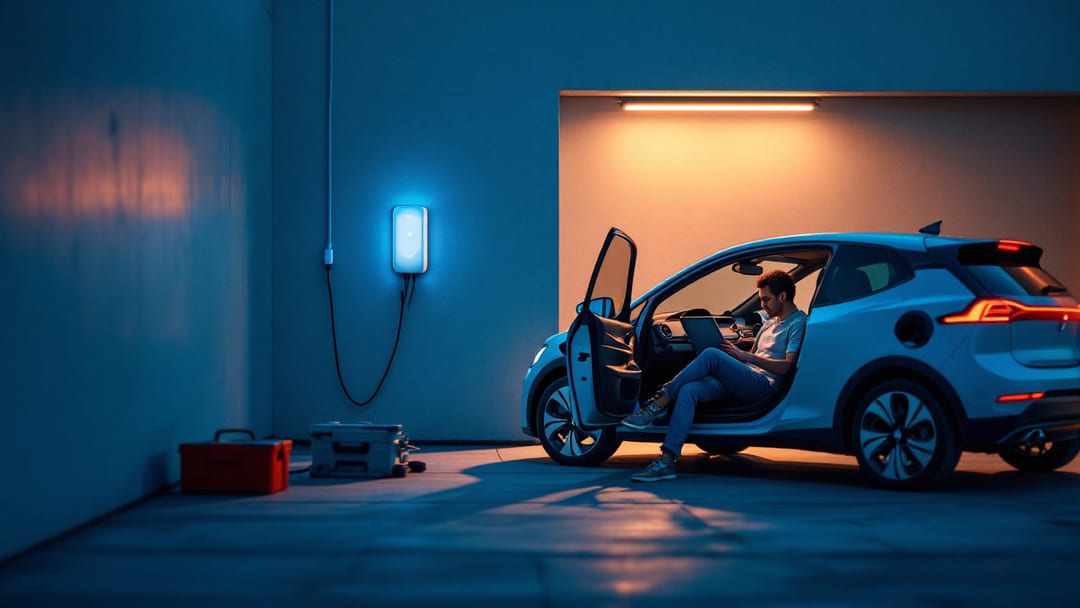 Vehículo eléctrico compacto conectado a un cargador doméstico mientras un técnico trabaja con equipo de programación de llave en Haltom City, Texas