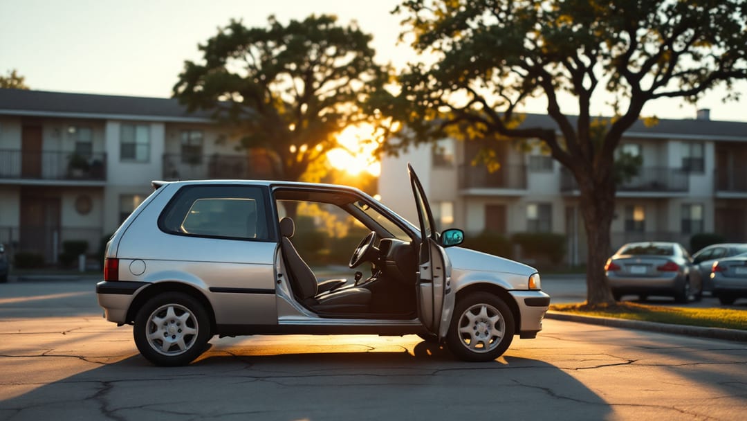 Hatchback compacto cuadrado de los años dos mil estacionado frente a un edificio de apartamentos en Haltom City, Texas, durante un servicio de llaves