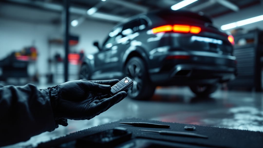 Fob de Porsche sobre una superficie de trabajo junto a herramientas de cerrajero en un garaje bien iluminado en Haltom City, Texas