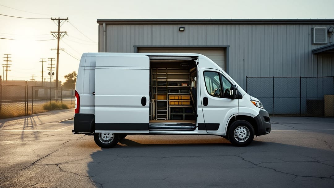 Van de carga compacta blanca con la puerta lateral abierta en un patio de trabajo industrial en Haltom City, Texas, con herramienta de programación de llave