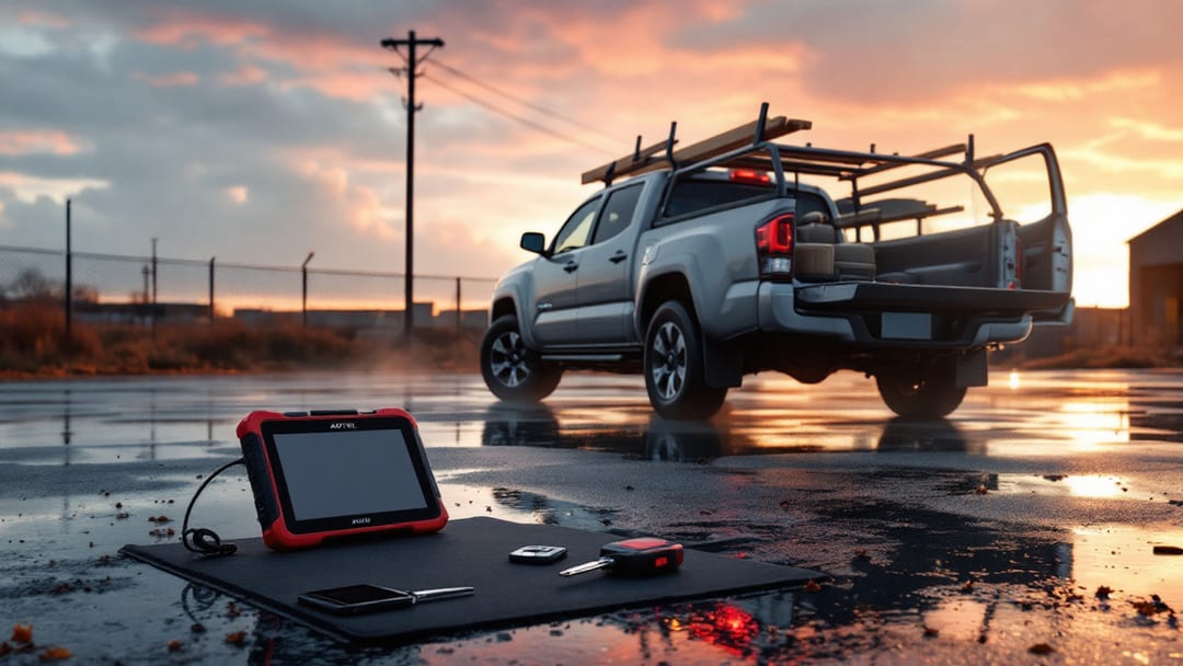Corte y programación de llave para una Toyota Tacoma de trabajo en Haltom City al amanecer después de la lluvia