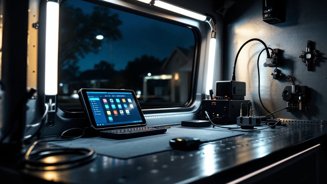 Tableta programadora de llaves conectada al puerto OBD dentro de un taller móvil de cerrajero de noche en Haltom City, Texas