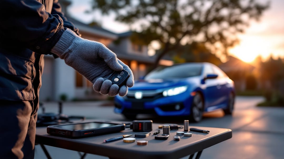 Programación de un key fob de Honda Civic con tablet de diagnóstico al amanecer en Haltom City, Texas