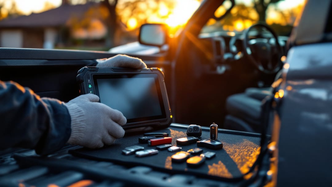 Programación de llave inteligente para una Chevrolet Silverado al atardecer en una entrada residencial de Haltom City