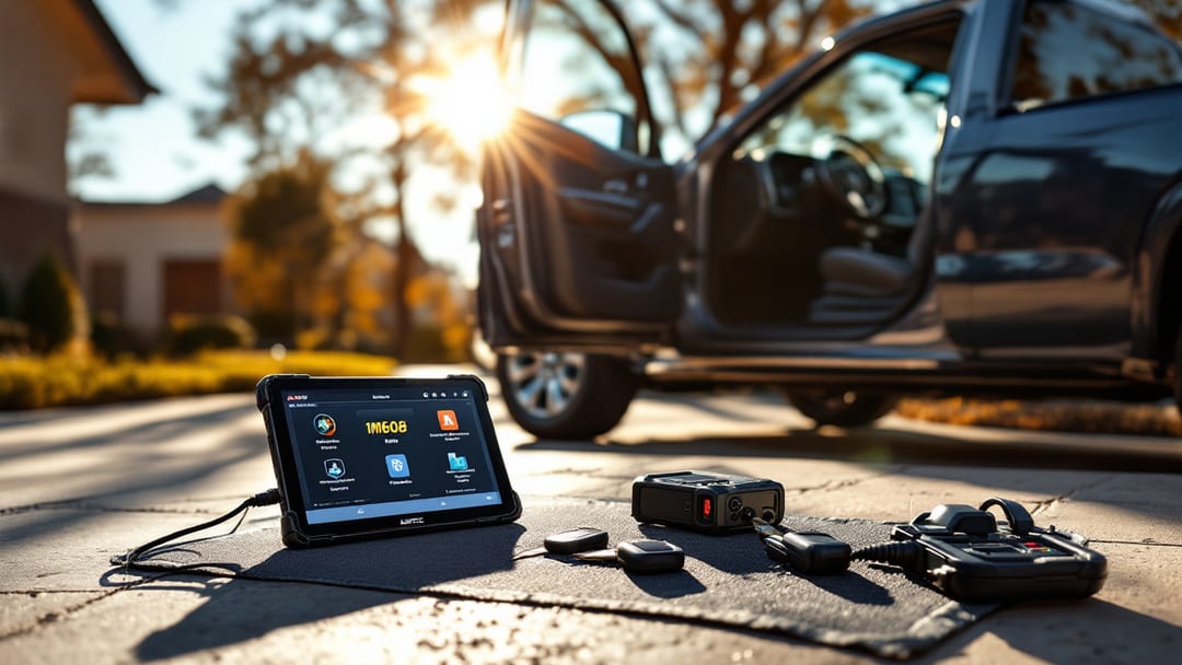 Cerrajero programando un smart key de GMC Sierra con tableta de diagnóstico en Haltom City, Texas