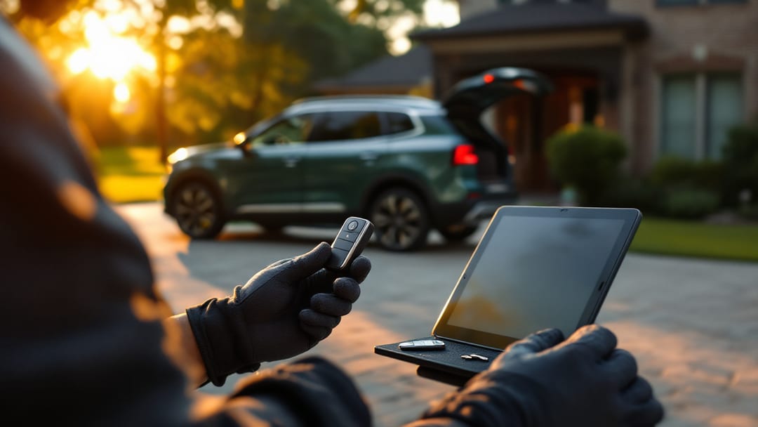 Smart key de Kia Telluride siendo programada al atardecer frente a una casa en Haltom City, Texas