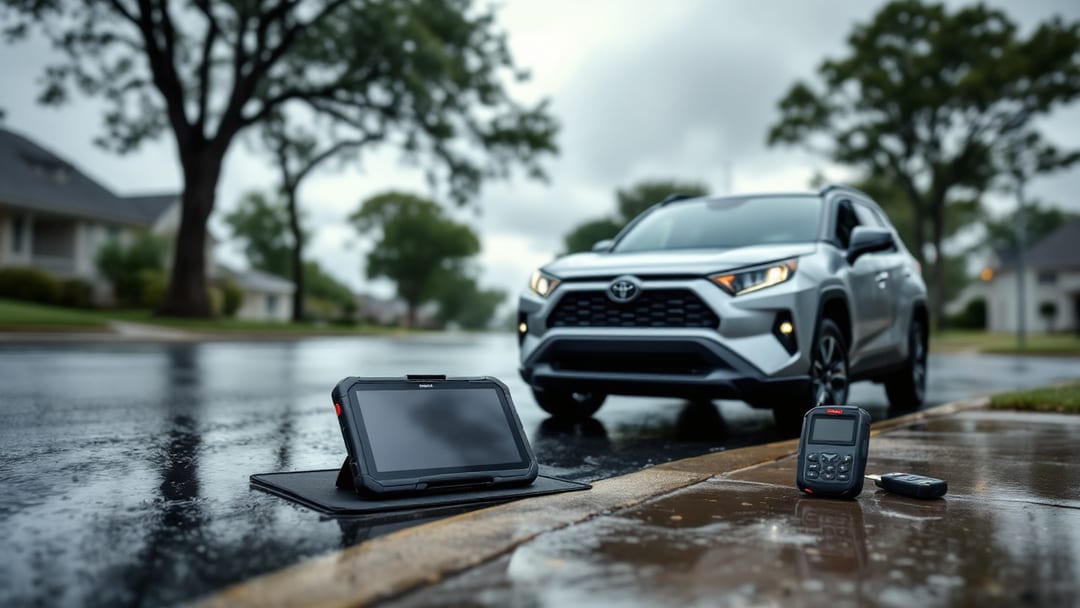 Programación de una smart key para un Toyota RAV4 en una calle de Haltom City al mediodía nublado después de la lluvia