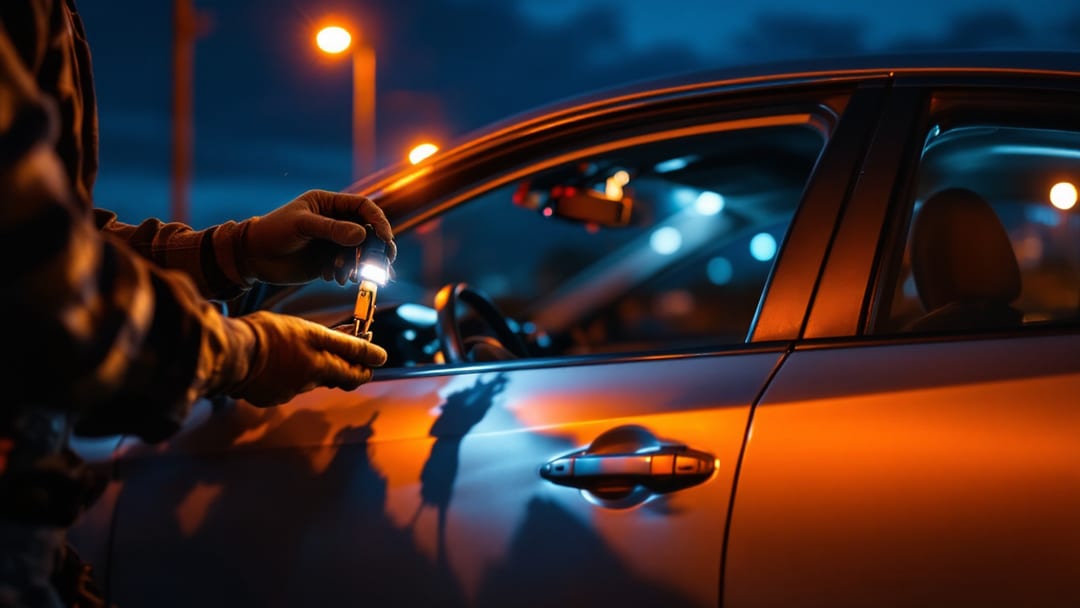 Cerrajero trabajando de noche en el cilindro de ignición de un Nissan Altima bajo la luz de faroles en Haltom City