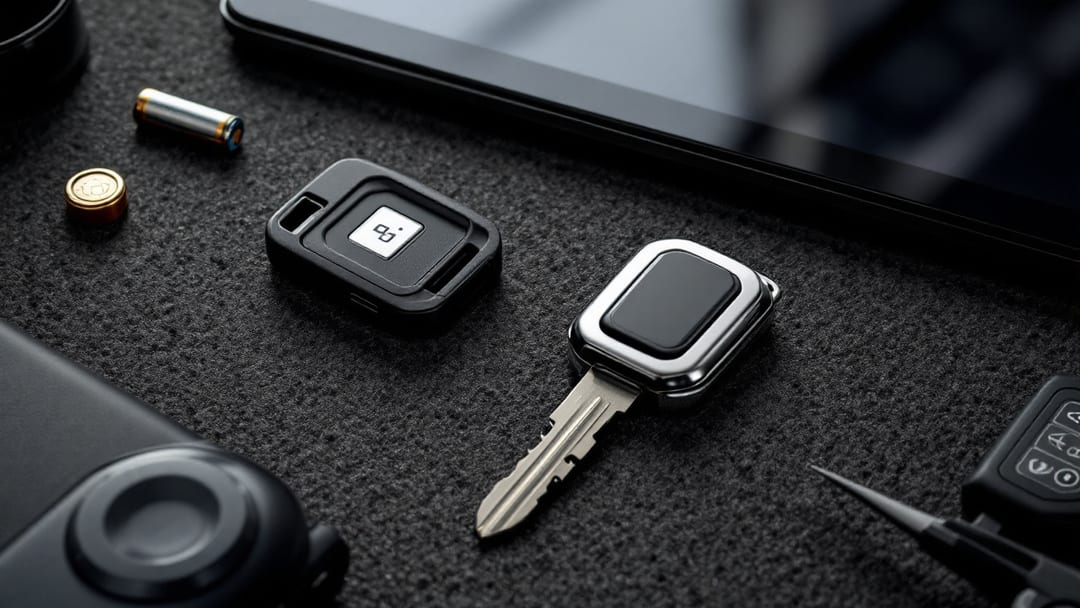 Comparación de una llave con chip transponder y una smart key de proximidad sobre una superficie de trabajo en Haltom City, Texas